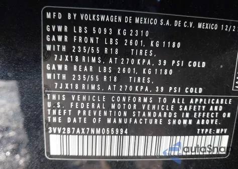2022 Volkswagen Tiguan 2.0T Se from USA, damaged, VIN 3VV2B7AX7NM055994